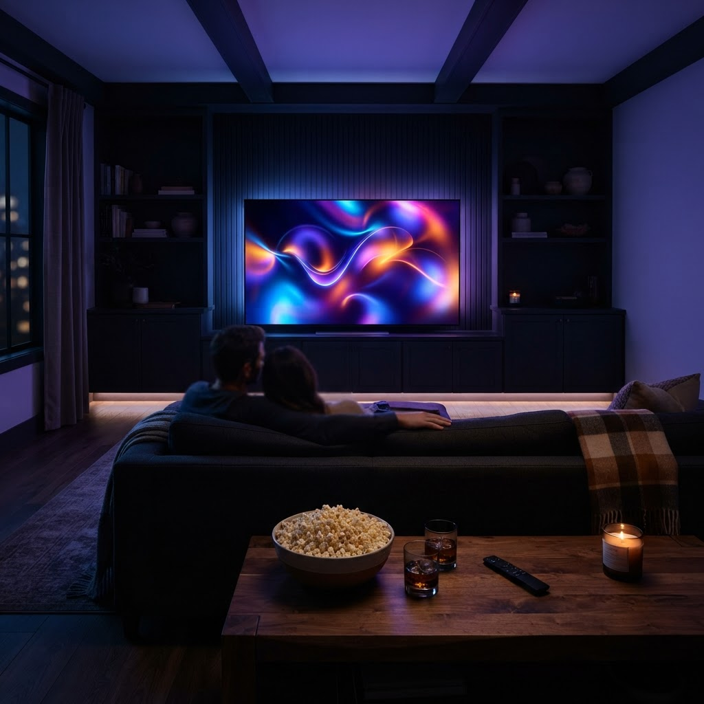 A cozy home theater at night with a glowing screen